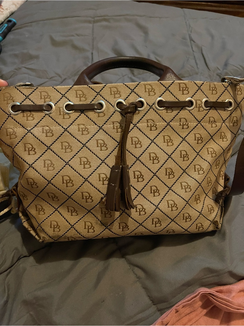 Dooney & Bourke Tan and Brown Monogram Tassel Satchel